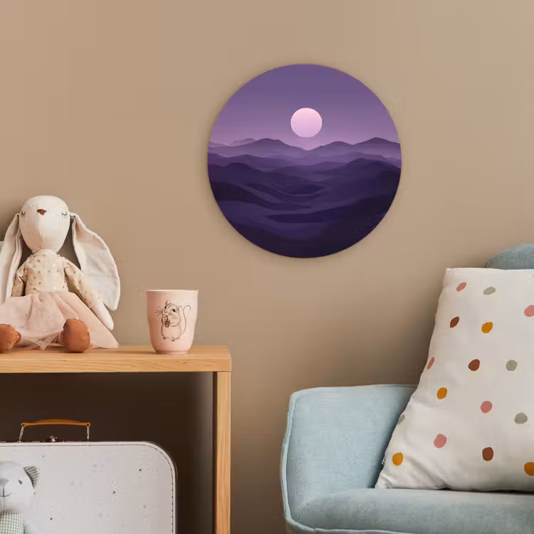 Heuvels - Paars - Mist - Zon Wandcirkel kunststof plaat 5mm dik klein -tsfeer1_kind