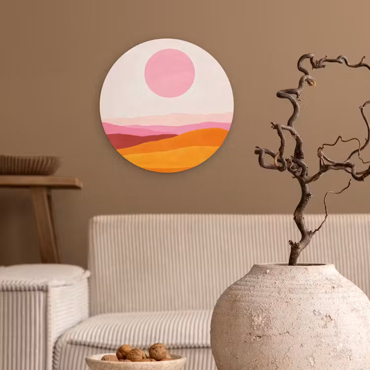 Heuvels - Oranje - Zon - Abstract Wandcirkel kunststof plaat 5mm dik klein -sfeer1