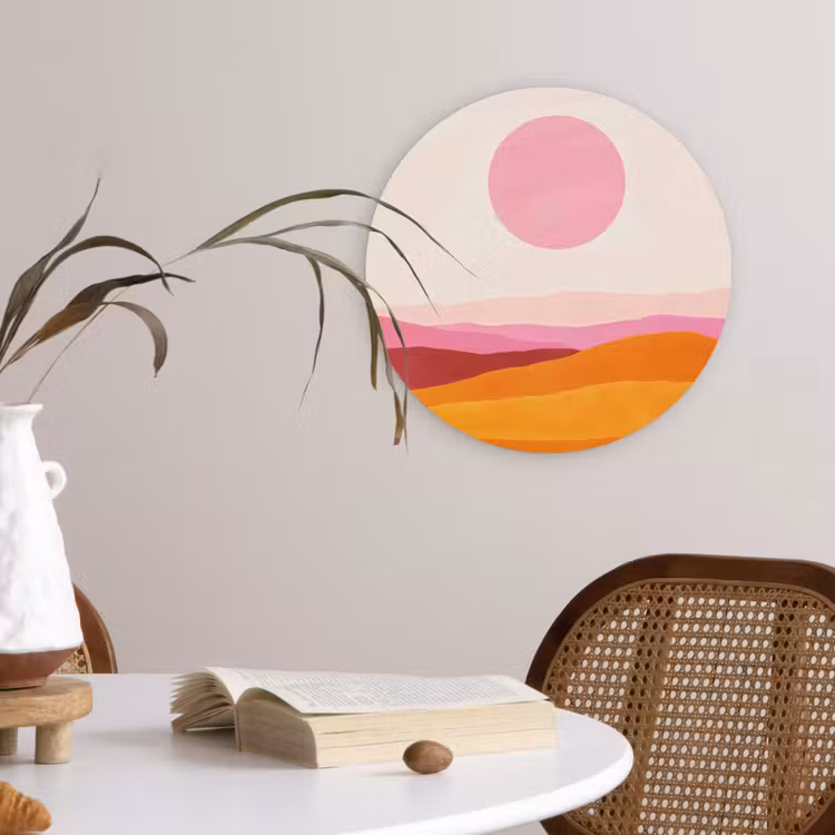 Heuvels - Oranje - Zon - Abstract Wandcirkel kunststof plaat 5mm dik klein -sfeer4