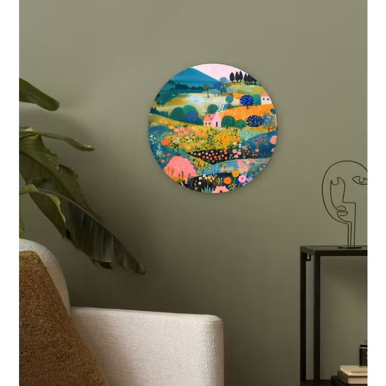 Heuvellandschap - Fantasierijk - Kleurcontrasten Wandcirkel kunststof plaat 5mm dik klein -sfeer3
