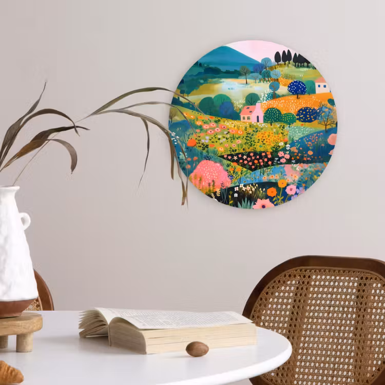 Heuvellandschap - Fantasierijk - Kleurcontrasten Wandcirkel kunststof plaat 5mm dik klein -sfeer4