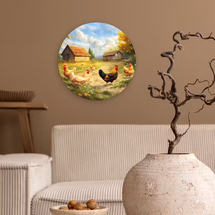 Kippen - Landelijke rust - Natuur Wandcirkel kunststof plaat 5mm dik klein -sfeer1