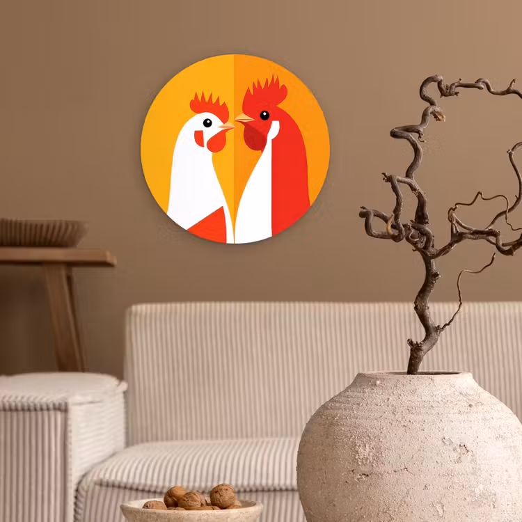 Kippen - Oranje - Vlakken Wandcirkel kunststof plaat 5mm dik klein -sfeer1