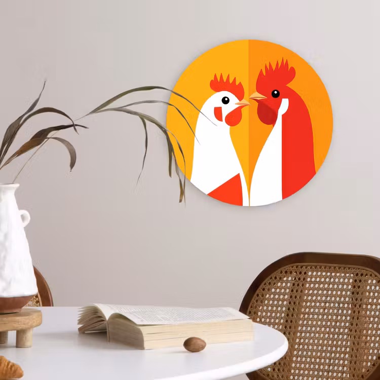 Kippen - Oranje - Vlakken Wandcirkel kunststof plaat 5mm dik klein -sfeer4