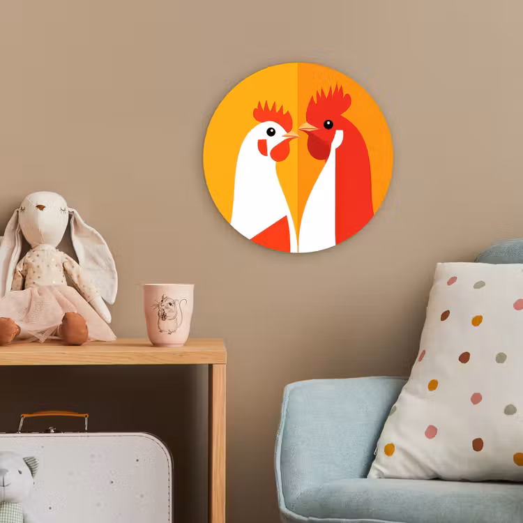 Kippen - Oranje - Vlakken Wandcirkel kunststof plaat 5mm dik klein -tsfeer1_kind