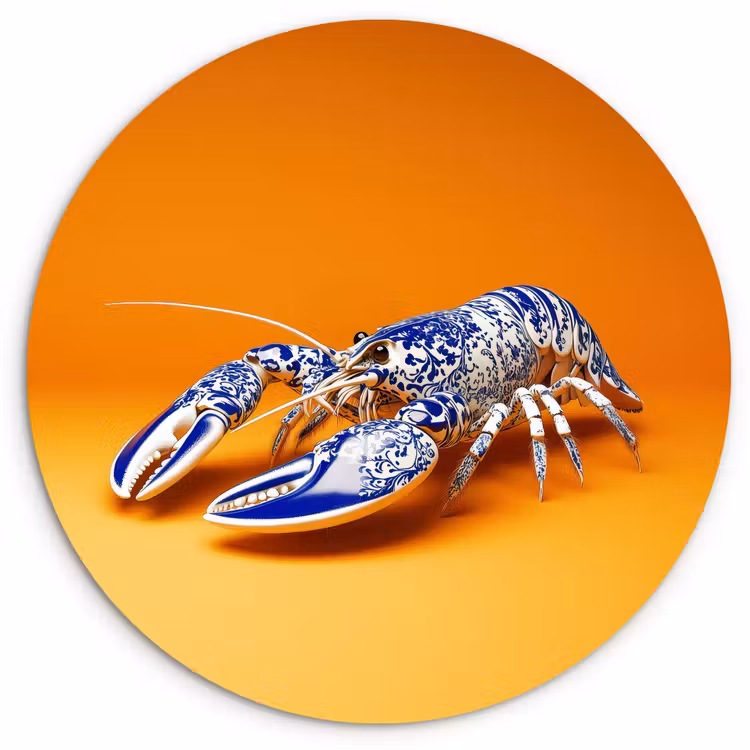 Kreeft - Delftsblauw - Schild - Stoer - Oranje Wandcirkel kunststof plaat 5mm dik klein -3d