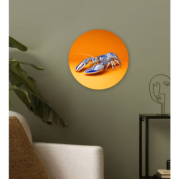 Kreeft - Delftsblauw - Schild - Stoer - Oranje Wandcirkel kunststof plaat 5mm dik klein -sfeer3