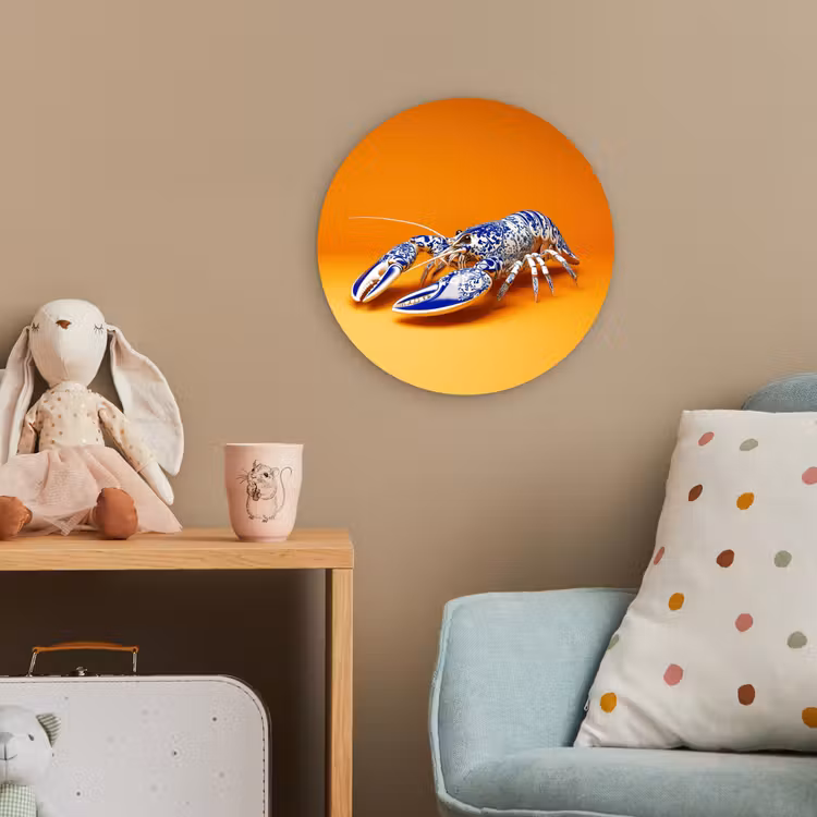 Kreeft - Delftsblauw - Schild - Stoer - Oranje Wandcirkel kunststof plaat 5mm dik klein -tsfeer1_kind