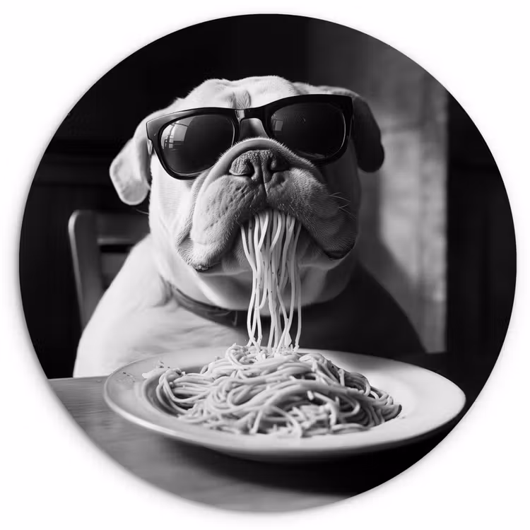Hond - Bulldog - Pasta - Bril - Stoer - Dieren Wandcirkel kunststof plaat 5mm dik klein -3d