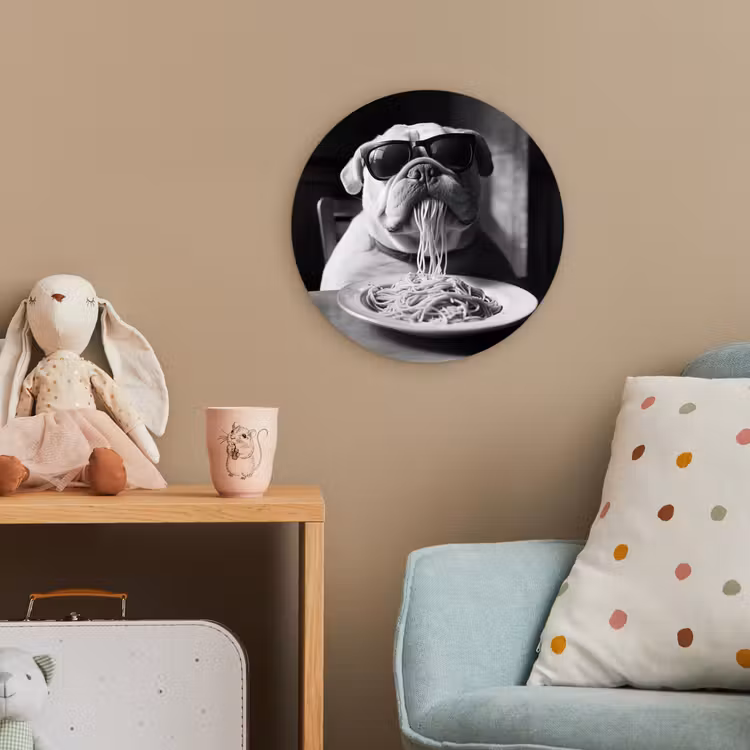 Hond - Bulldog - Pasta - Bril - Stoer - Dieren Wandcirkel kunststof plaat 5mm dik klein -tsfeer1_kind