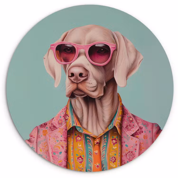 Hond - Overhemd - Bloemen - Bril Wandcirkel kunststof plaat 5mm dik klein -3d