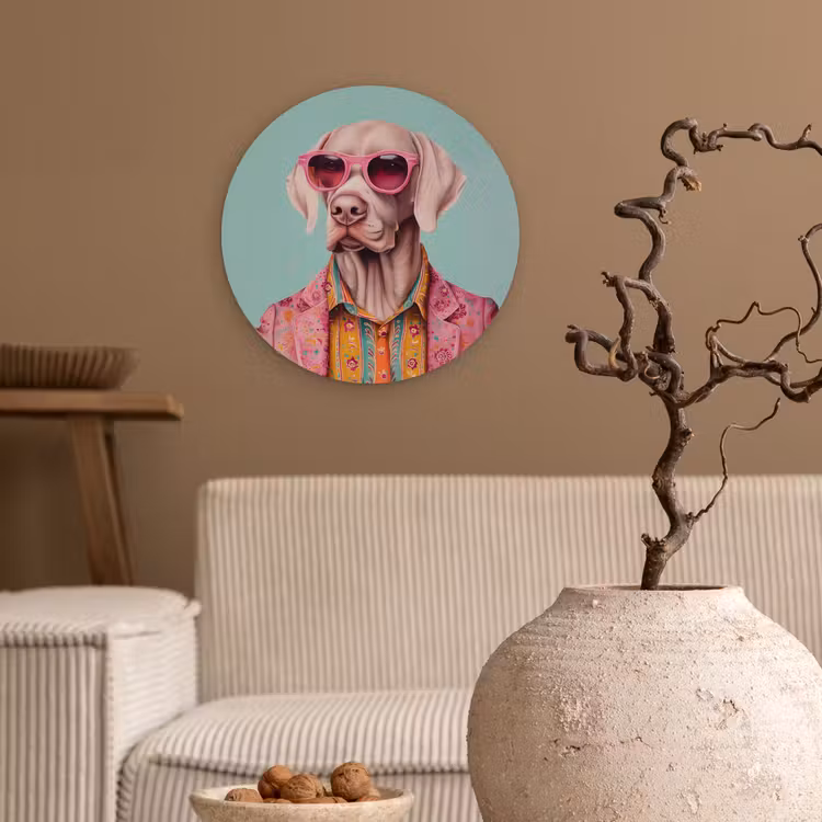 Hond - Overhemd - Bloemen - Bril Wandcirkel kunststof plaat 5mm dik klein -sfeer1