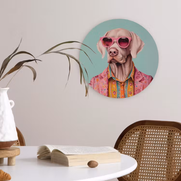 Hond - Overhemd - Bloemen - Bril Wandcirkel kunststof plaat 5mm dik klein -sfeer4
