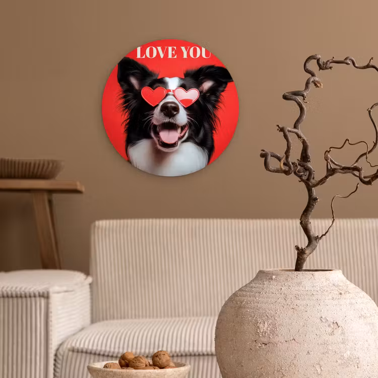 Hond - Hartjesbril - Loveyou - Rood Wandcirkel kunststof plaat 5mm dik klein -sfeer1