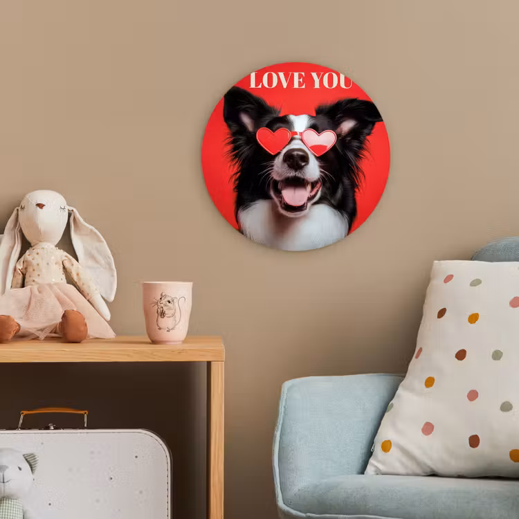 Hond - Hartjesbril - Loveyou - Rood Wandcirkel kunststof plaat 5mm dik klein -tsfeer1_kind