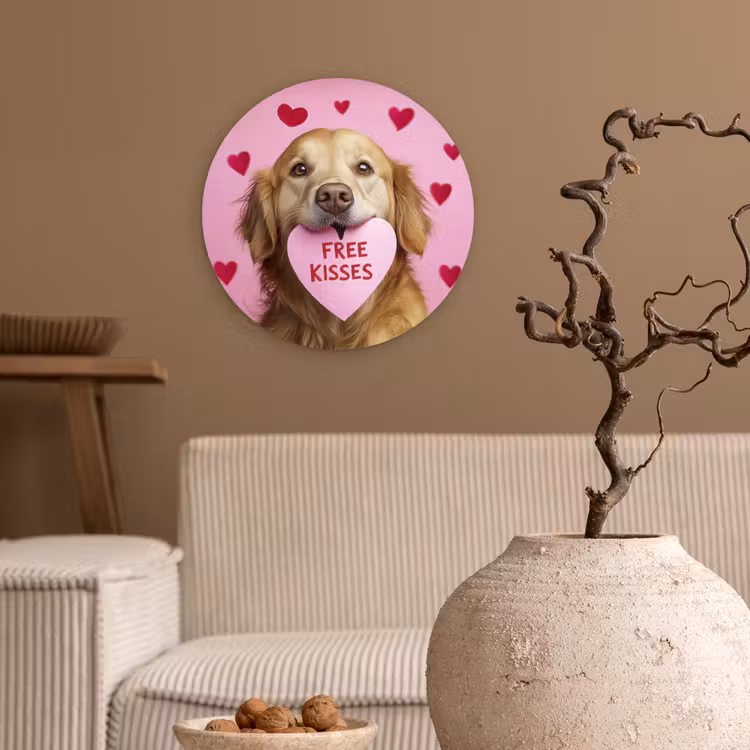 Hond - Kiss- Valentijn - Hartjes Wandcirkel kunststof plaat 5mm dik klein -sfeer1