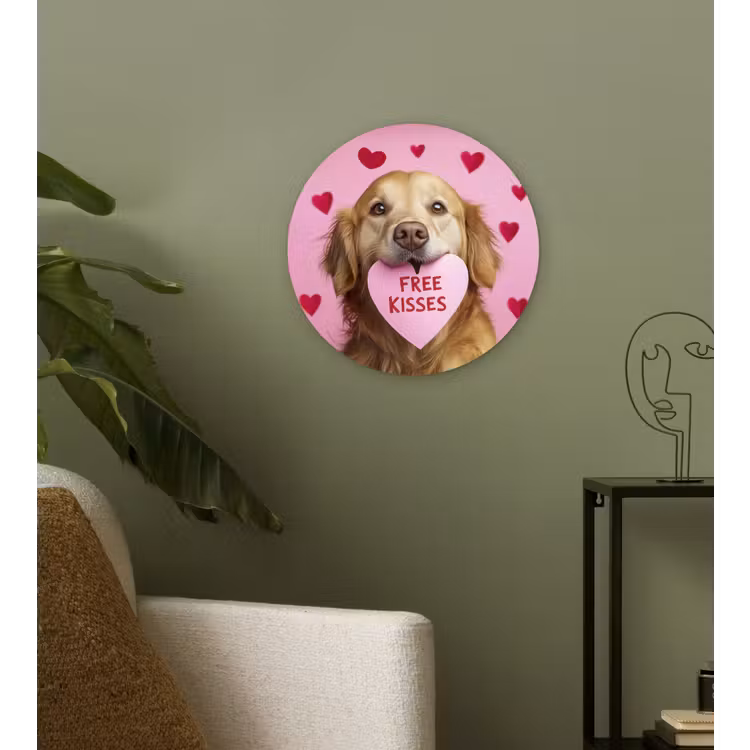 Hond - Kiss- Valentijn - Hartjes Wandcirkel kunststof plaat 5mm dik klein -sfeer3