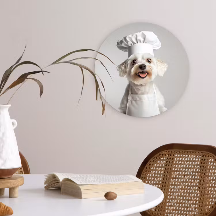 Hond - Wit - Kok Wandcirkel kunststof plaat 5mm dik klein -sfeer4