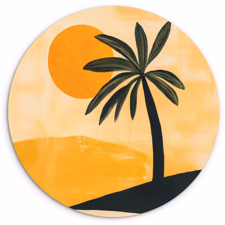 Illustratie - Palmboom - Zon - Heuvels Wandcirkel kunststof plaat 5mm dik klein -3d