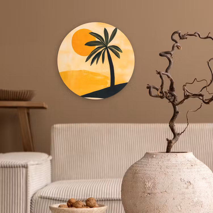 Illustratie - Palmboom - Zon - Heuvels Wandcirkel kunststof plaat 5mm dik klein -sfeer1