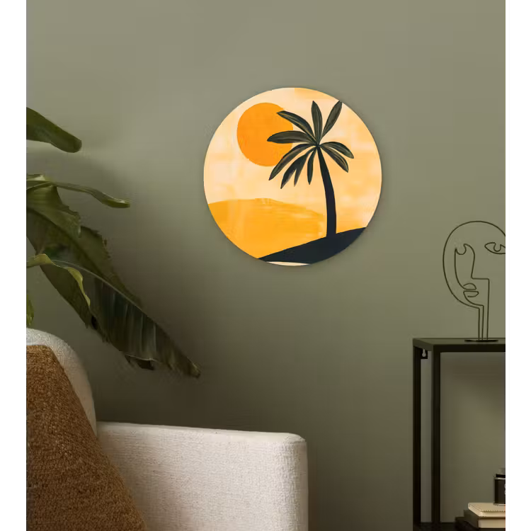 Illustratie - Palmboom - Zon - Heuvels Wandcirkel kunststof plaat 5mm dik klein -sfeer3