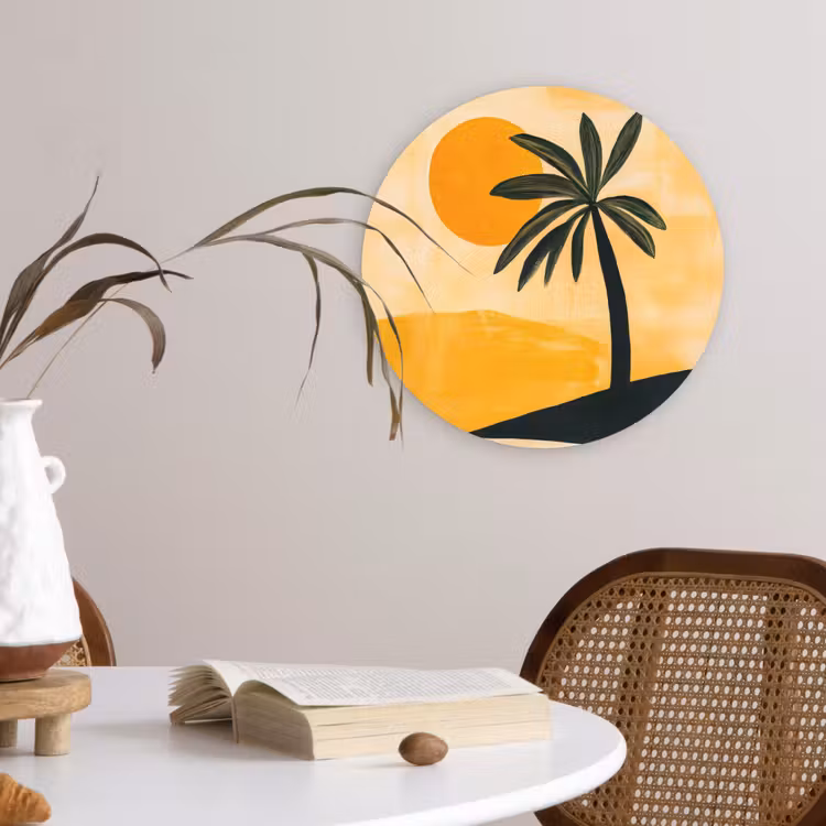 Illustratie - Palmboom - Zon - Heuvels Wandcirkel kunststof plaat 5mm dik klein -sfeer4