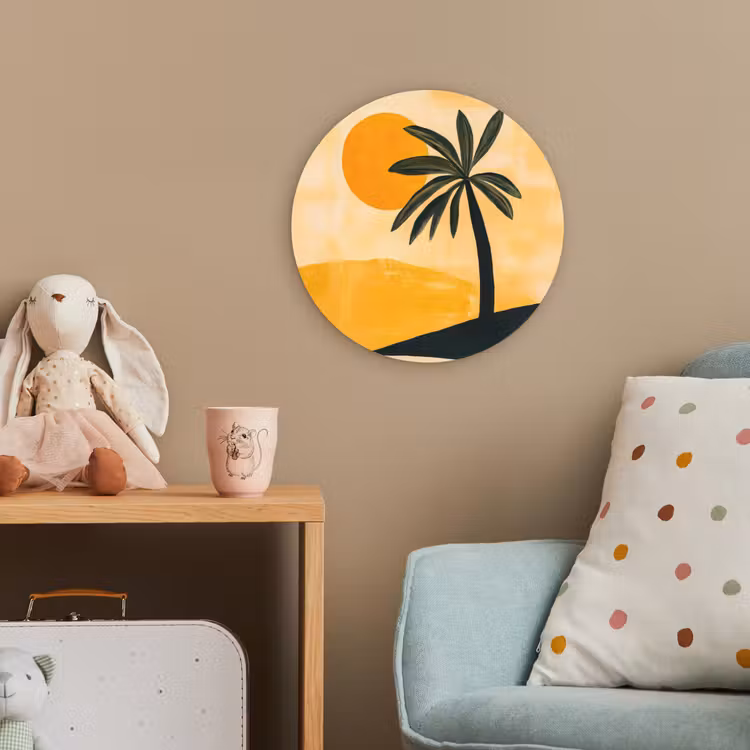 Illustratie - Palmboom - Zon - Heuvels Wandcirkel kunststof plaat 5mm dik klein -tsfeer1_kind