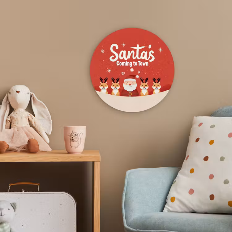 Illustratie - Kerstman - Rendieren - Rood Wandcirkel kunststof plaat 5mm dik klein -tsfeer1_kind