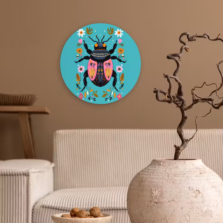 Kever - Bloemmotieven - Turquoise - Bladeren Wandcirkel kunststof plaat 5mm dik klein -sfeer1