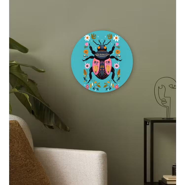Kever - Bloemmotieven - Turquoise - Bladeren Wandcirkel kunststof plaat 5mm dik klein -sfeer3