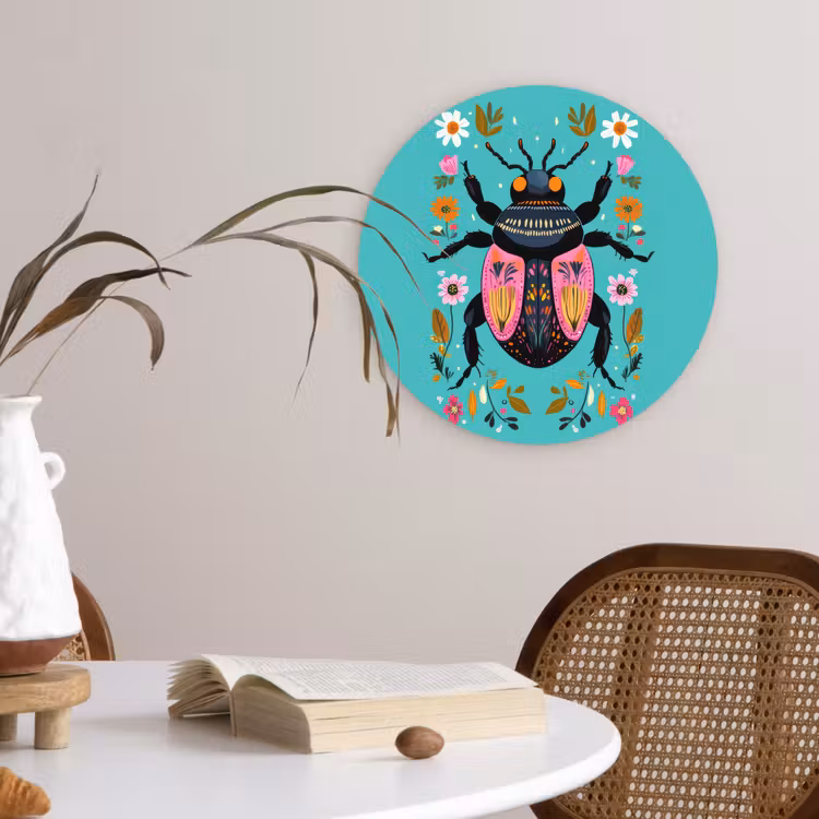 Kever - Bloemmotieven - Turquoise - Bladeren Wandcirkel kunststof plaat 5mm dik klein -sfeer4