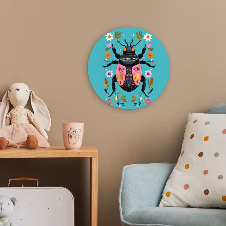 Kever - Bloemmotieven - Turquoise - Bladeren Wandcirkel kunststof plaat 5mm dik klein -tsfeer1_kind