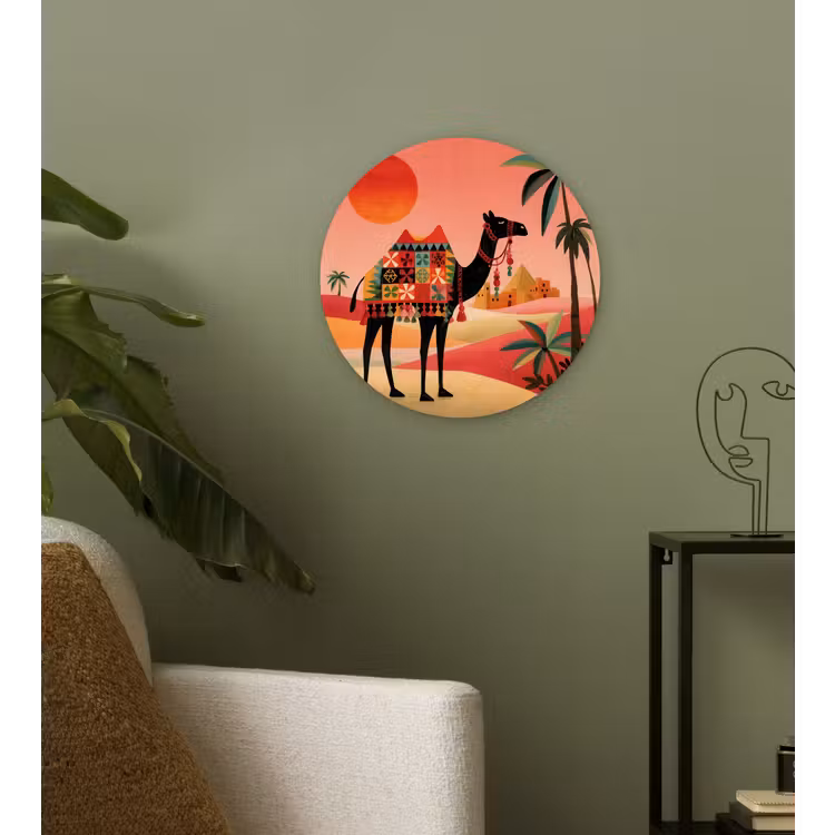 Kameel - Gekleurd tapijt - Duinen - Rode zon Wandcirkel kunststof plaat 5mm dik klein -sfeer3