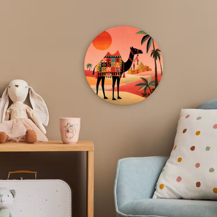 Kameel - Gekleurd tapijt - Duinen - Rode zon Wandcirkel kunststof plaat 5mm dik klein -tsfeer1_kind
