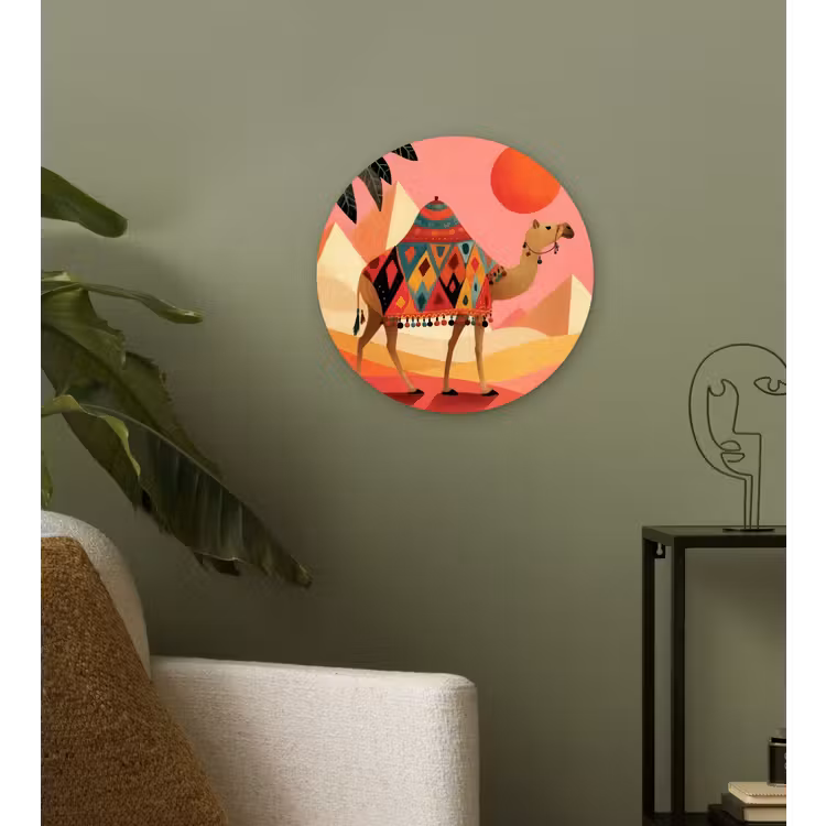 Kameel - Pyramides - Rode zon Wandcirkel kunststof plaat 5mm dik klein -sfeer3