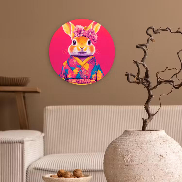 Konijn - Bloemen - Kleurrijk - Kimono Wandcirkel kunststof plaat 5mm dik klein -sfeer1