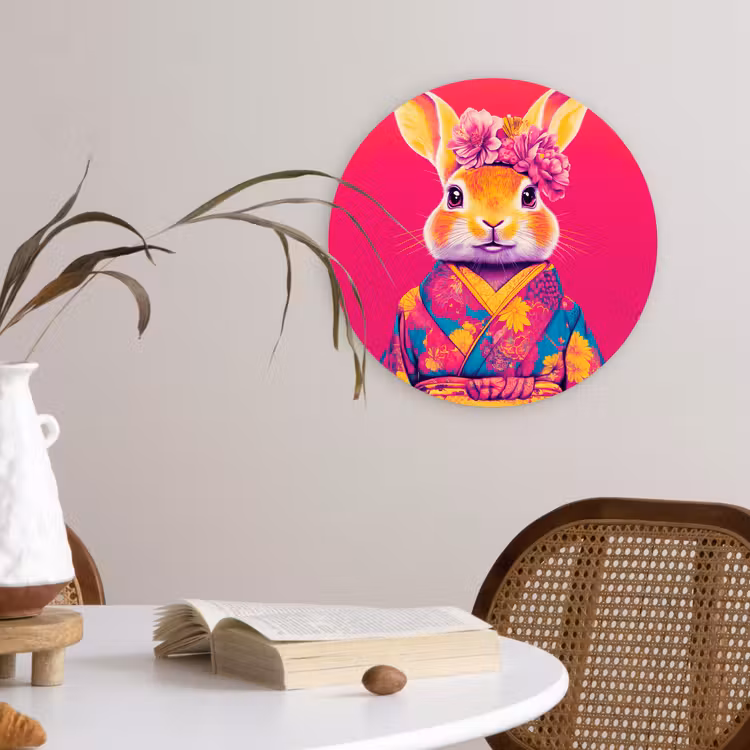 Konijn - Bloemen - Kleurrijk - Kimono Wandcirkel kunststof plaat 5mm dik klein -sfeer4
