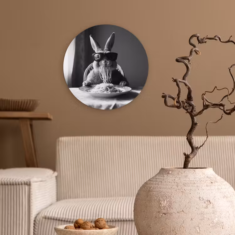 Konijn - Bunny - Zonnebril - Tafelkleed - Pasta - Schattig Wandcirkel kunststof plaat 5mm dik klein -sfeer1