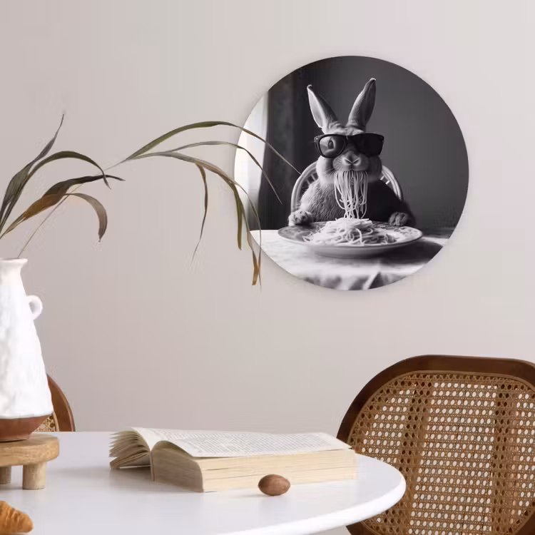 Konijn - Bunny - Zonnebril - Tafelkleed - Pasta - Schattig Wandcirkel kunststof plaat 5mm dik klein -sfeer4
