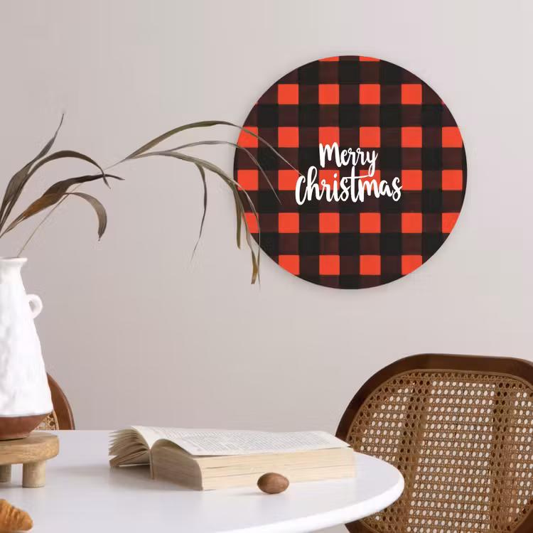 Geruit - Rood - Tekst - Christmas Wandcirkel kunststof plaat 5mm dik klein -sfeer4