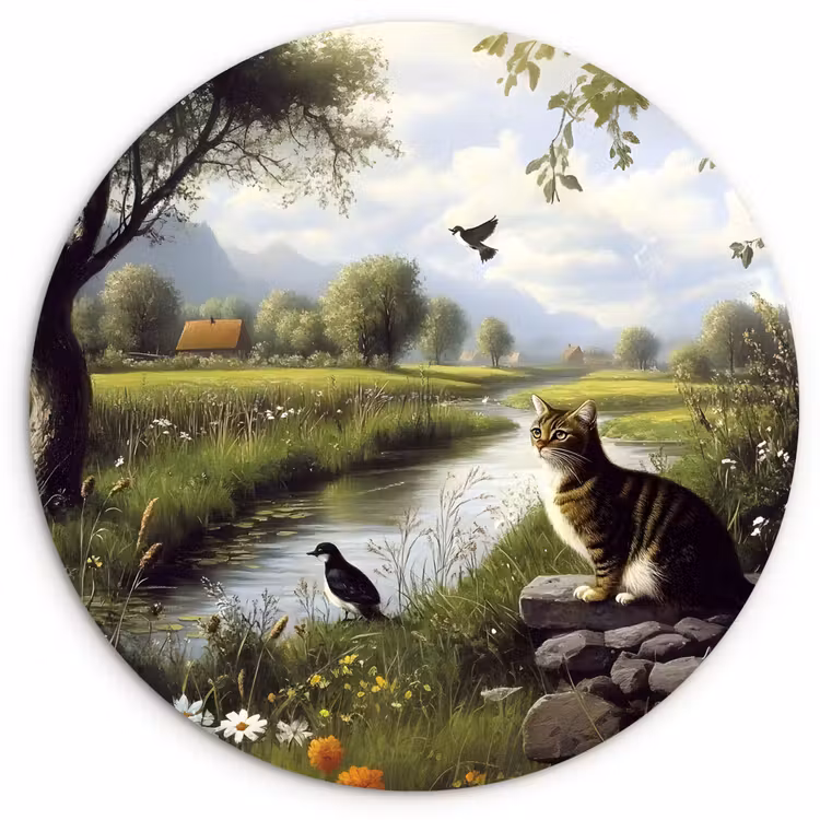 Kat - Beekje - Weide Wandcirkel kunststof plaat 5mm dik klein -3d