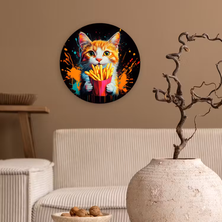 Kat - Eten - Patat - Graffiti - Abstract Wandcirkel kunststof plaat 5mm dik klein -sfeer1