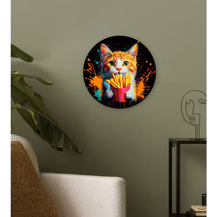 Kat - Eten - Patat - Graffiti - Abstract Wandcirkel kunststof plaat 5mm dik klein -sfeer3