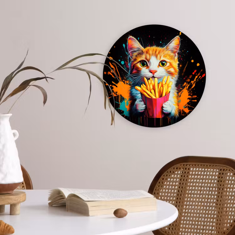 Kat - Eten - Patat - Graffiti - Abstract Wandcirkel kunststof plaat 5mm dik klein -sfeer4