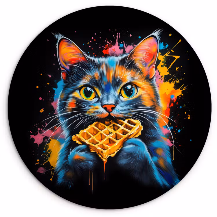 Kat - Graffiti - Kleurrijk - Wafel - Eten Wandcirkel kunststof plaat 5mm dik klein -3d