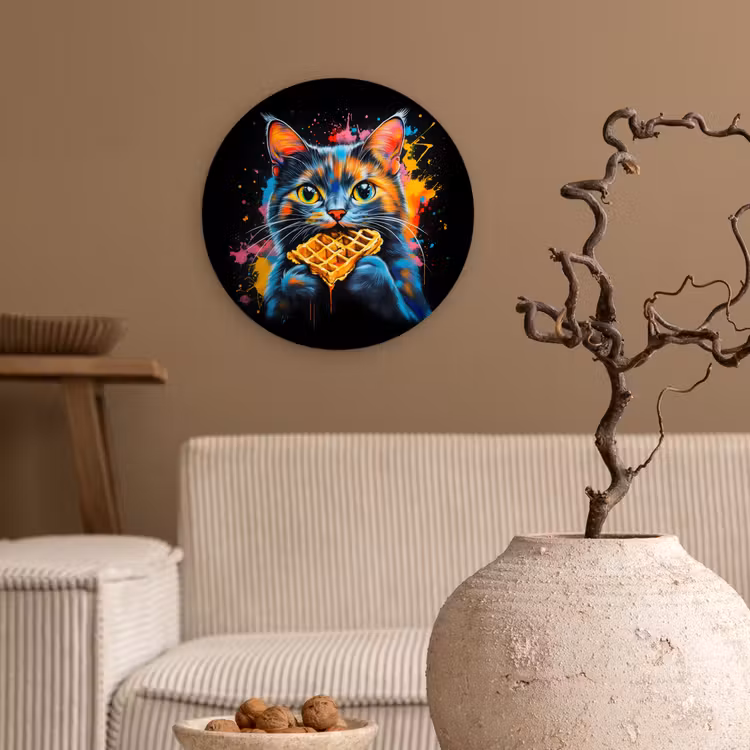 Kat - Graffiti - Kleurrijk - Wafel - Eten Wandcirkel kunststof plaat 5mm dik klein -sfeer1