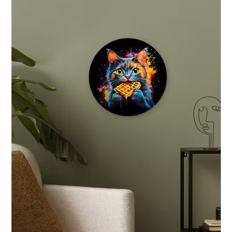 Kat - Graffiti - Kleurrijk - Wafel - Eten Wandcirkel kunststof plaat 5mm dik klein -sfeer3