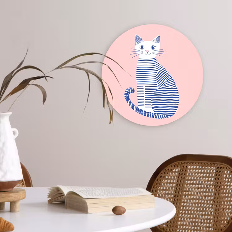Kat - Illustratie - Minimalistisch - Roze Wandcirkel kunststof plaat 5mm dik klein -sfeer4