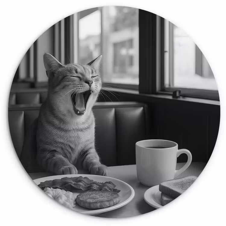 Kat - Koffie - Brood - Zwart Wandcirkel kunststof plaat 5mm dik klein -3d