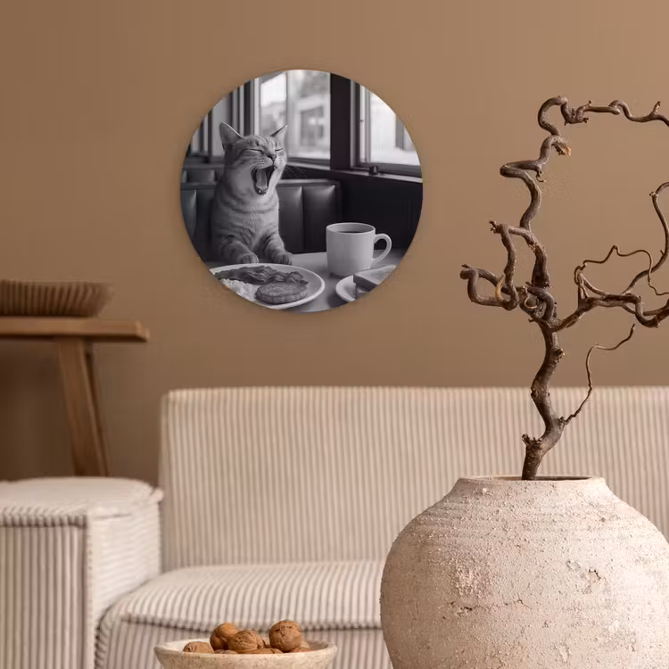 Kat - Koffie - Brood - Zwart Wandcirkel kunststof plaat 5mm dik klein -sfeer1